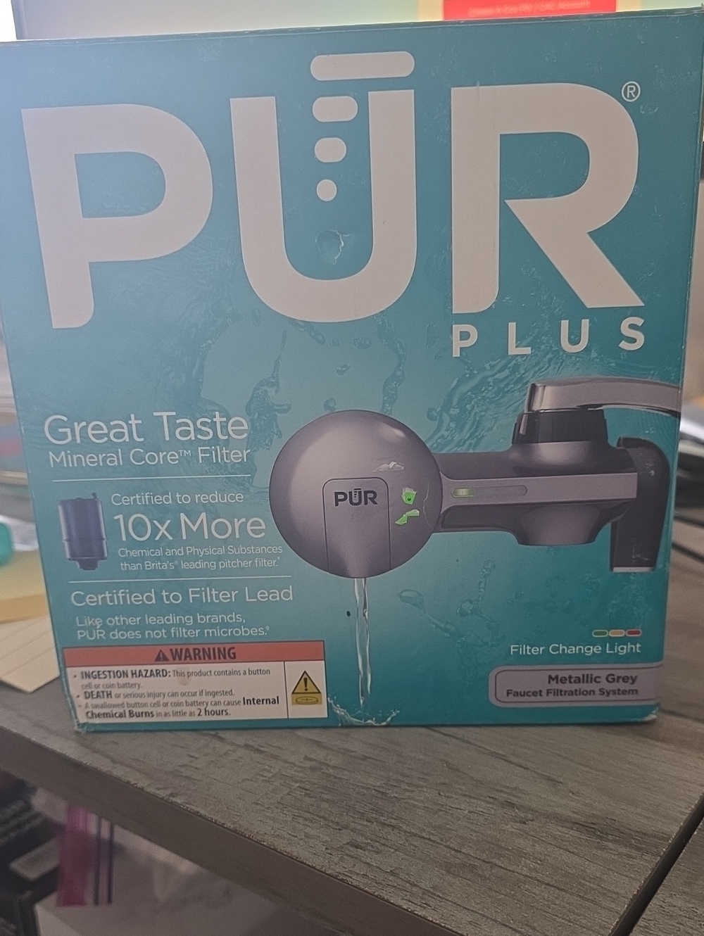 Pur Plus Metallic Grey Faucet Water Filter with Teal Packaging